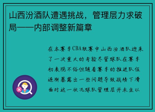 山西汾酒队遭遇挑战，管理层力求破局——内部调整新篇章