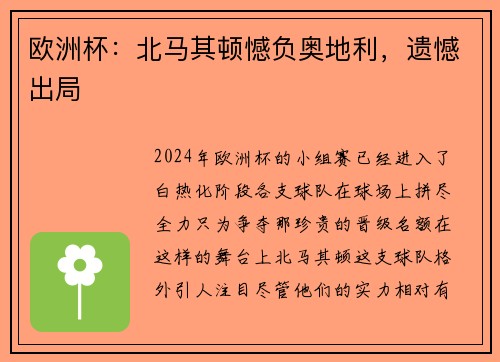 欧洲杯：北马其顿憾负奥地利，遗憾出局