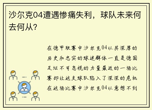 沙尔克04遭遇惨痛失利，球队未来何去何从？