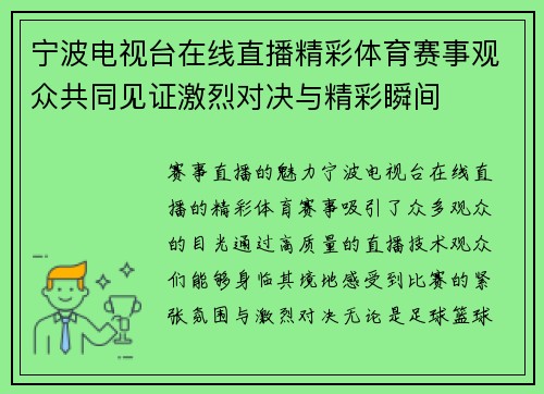 宁波电视台在线直播精彩体育赛事观众共同见证激烈对决与精彩瞬间