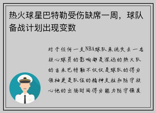 热火球星巴特勒受伤缺席一周，球队备战计划出现变数
